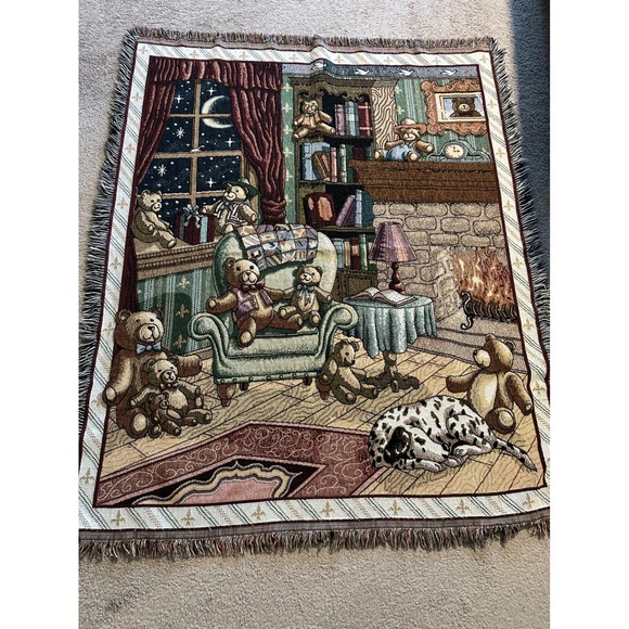 Teddy Bear Tapestry Throw Blanket Fireplace Dogs Woven Cozy Decor 54"x60" - Picture 1 of 2